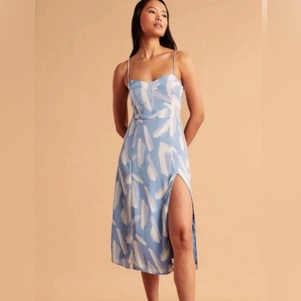 Abercrombie & Fitch Sky Blue and White Brushstroke Midi Slip Dress